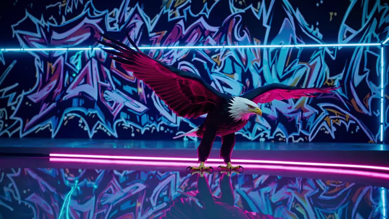 Majestic eagle with outstretched wings stands confidently on reflective surface, illuminated by vibrant neon lights against a colorful graffiti backdrop, showcasing dynamic motion and artistic flair