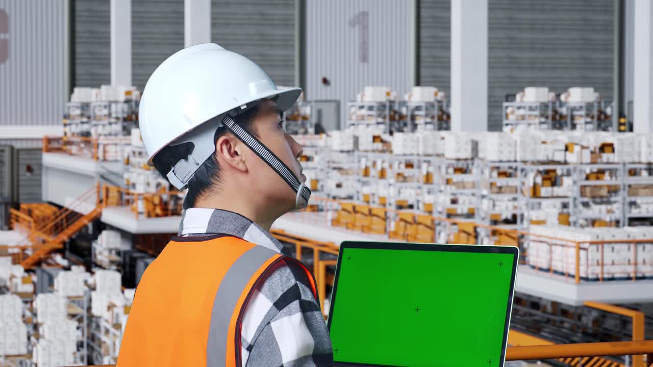 배달 물품으로 가득 찬 선반을 가진 창고에 서있는 안전 헬을 입은 아시아 남성 엔지니어의 가까운 뒷면. 녹색 화면 노트북을보고 저장소를 둘러보고