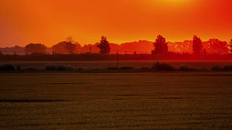 Colorido-Cielo-Del-Atardecer-Sobre-Campos-Agrícolas-Con-Un-Tractor-Agrícola-Trabajador