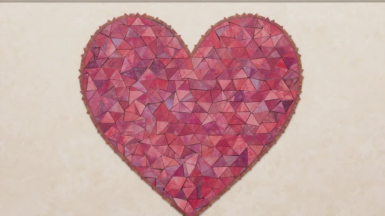 Zoom sulla camera su mosaico a forma di cuore su sfondo beige, rivelando la lucentezza delle piastrelle e i dettagli del bordo