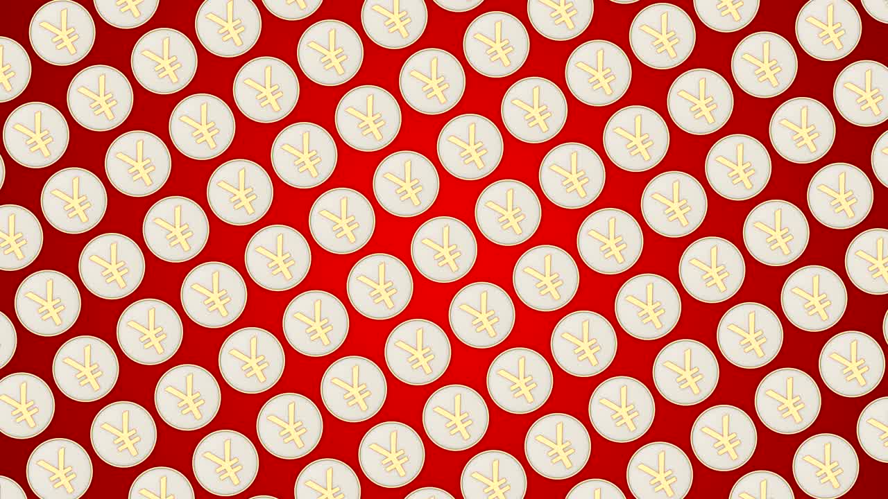 Monete yuan cinese, denaro cinese, sfondo rosso, monete in diagonale