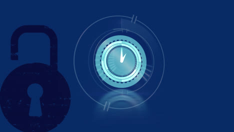 animation of clock moving fast over online security padlock on blue background