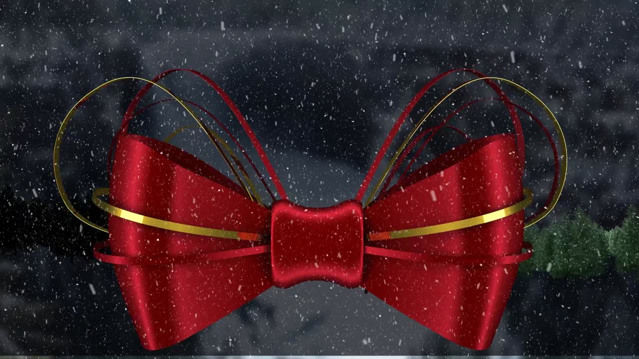 Animation of snow falling over red and gold christmas bow and winter landscape