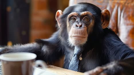 a chimpanzee sitting at a table with a laptop and a cup of coffee