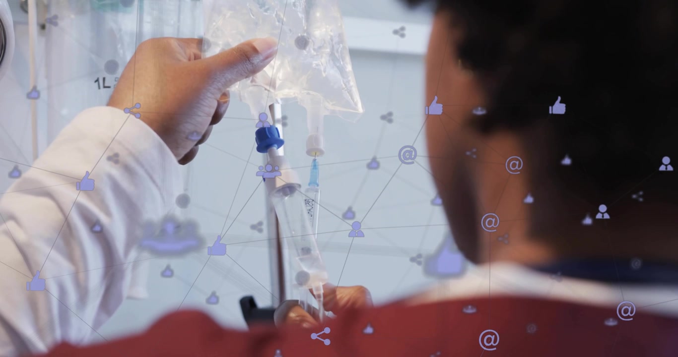 Animation of network of connections with icons over african american female doctor
