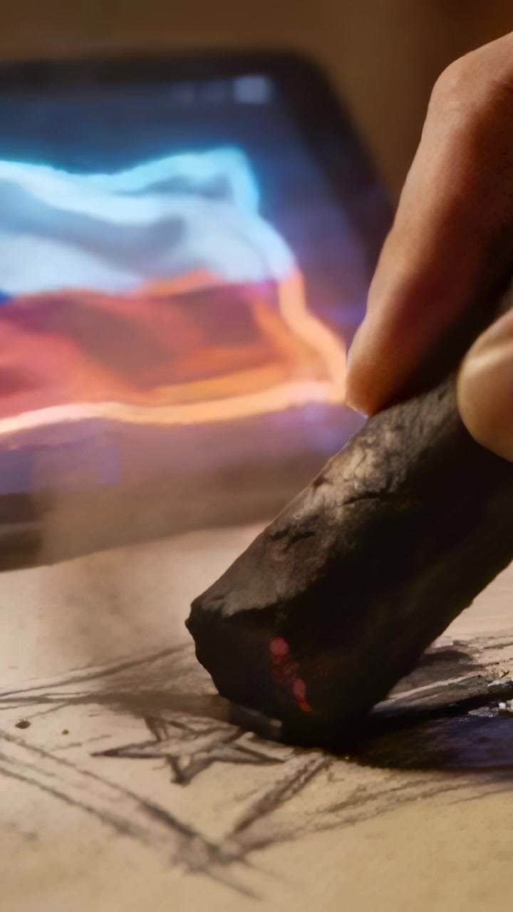 Vertical video: Placing charcoal at star right hand rubbing shade on sketch with tablet, copy space