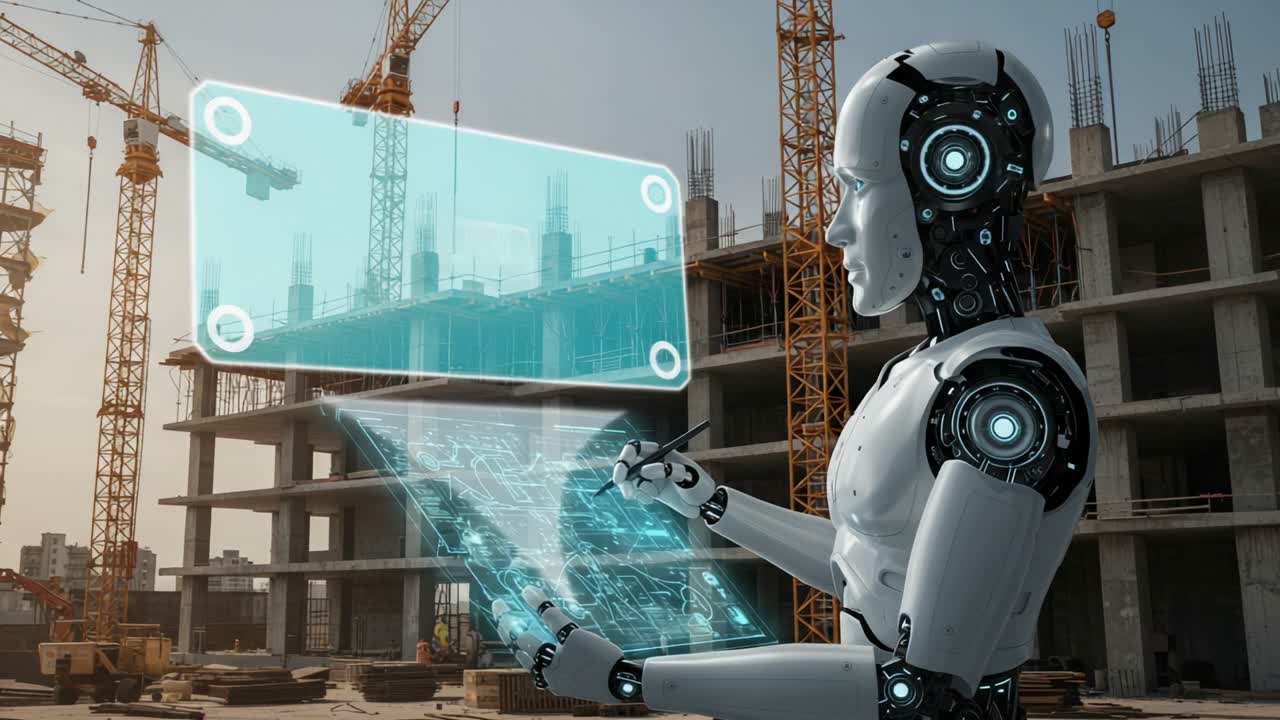 A Futuristic Robot Engineer Analyzing Construction Blueprints in a High-Tech Environment, Signifying the Integration of Advanced Technology in Modern Building Projects
