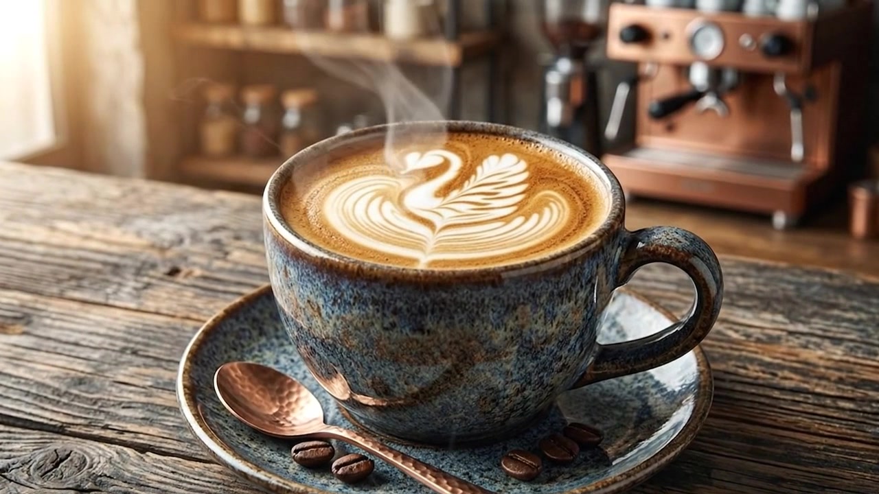 Dampende kop latte med svanelatteart på rustikt træbord