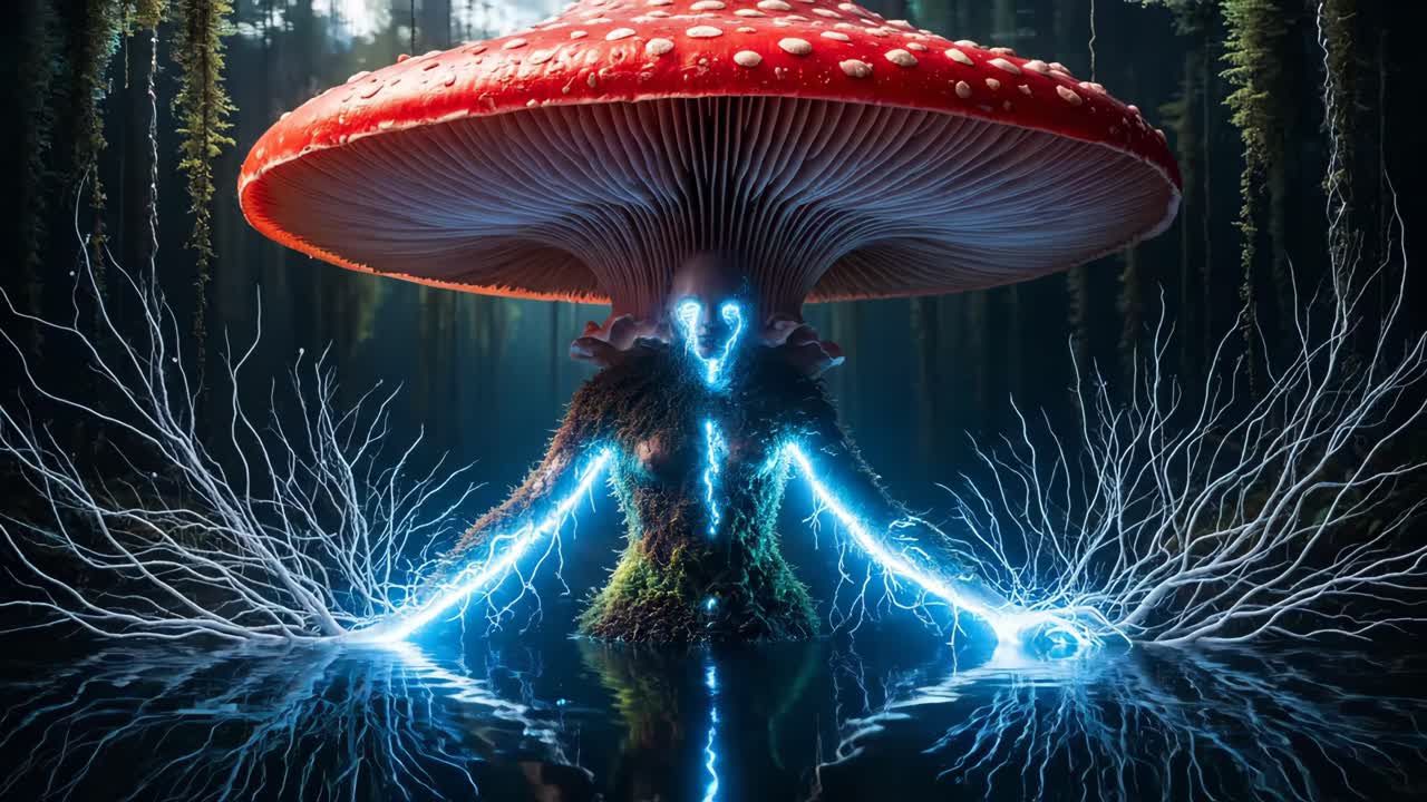 Creatura fungina mistica in un lago nella foresta