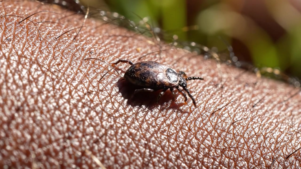 Primer plano de una garrapata en la piel humana: Examinando el impacto de los parásitos y los riesgos de la enfermedad de Lyme en entornos al aire libre.