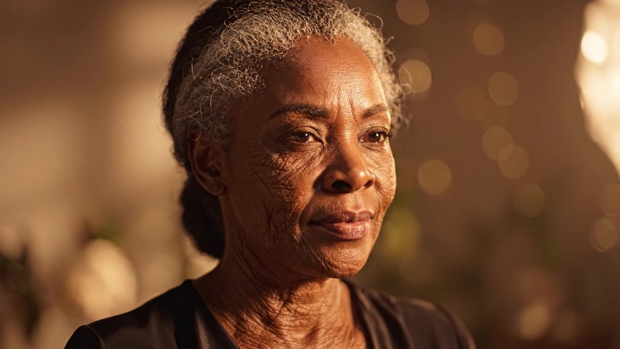 Retrato Cativante de uma Mulher Refletindo Graça e Resiliência ao Longo dos Anos, Exibindo Sua Jornada na Beleza Intrincada e Sabedoria da Vida