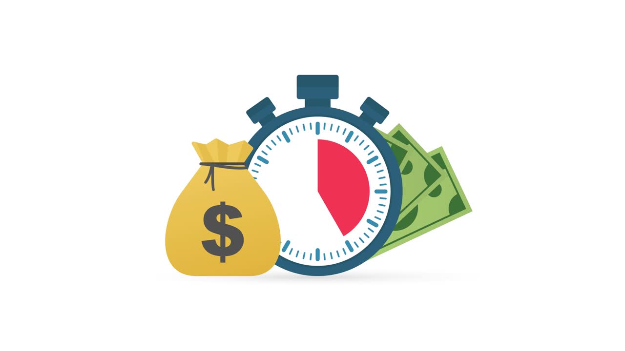 Quick credit. Clock and bag, time is money, fast loan, payment period, savings account. Motion graphics
