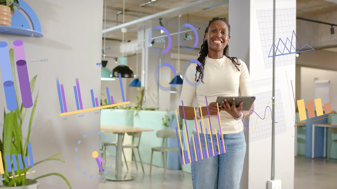 Woman tapping tablet in office activating growing analytics charts and gauges appearing around her