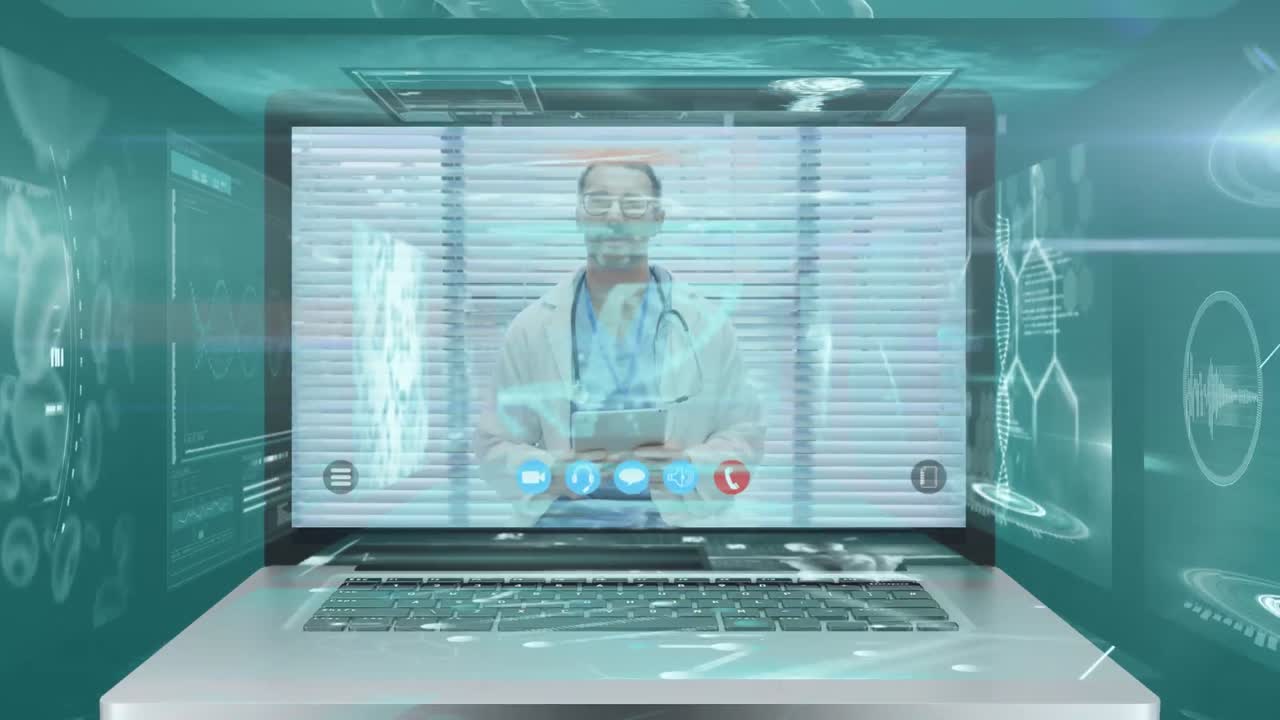 animación de una pantalla de computadora portátil que muestra a un médico masculino durante una videollamada.