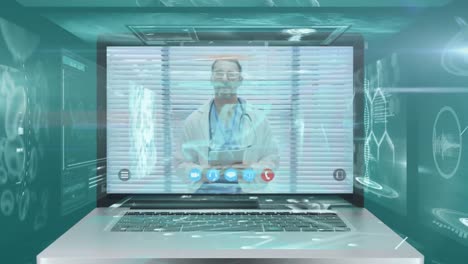 animation of a laptop screen showing male doctor during a video call.