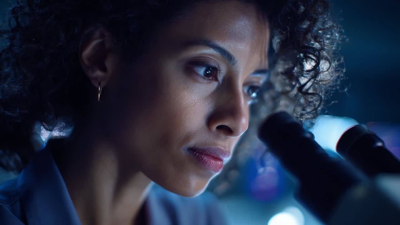A focused researcher intently examining samples under a microscope, illuminated by the soft glow of laboratory lights, showcasing dedication and attention to detail in the pursuit of scientific discovery