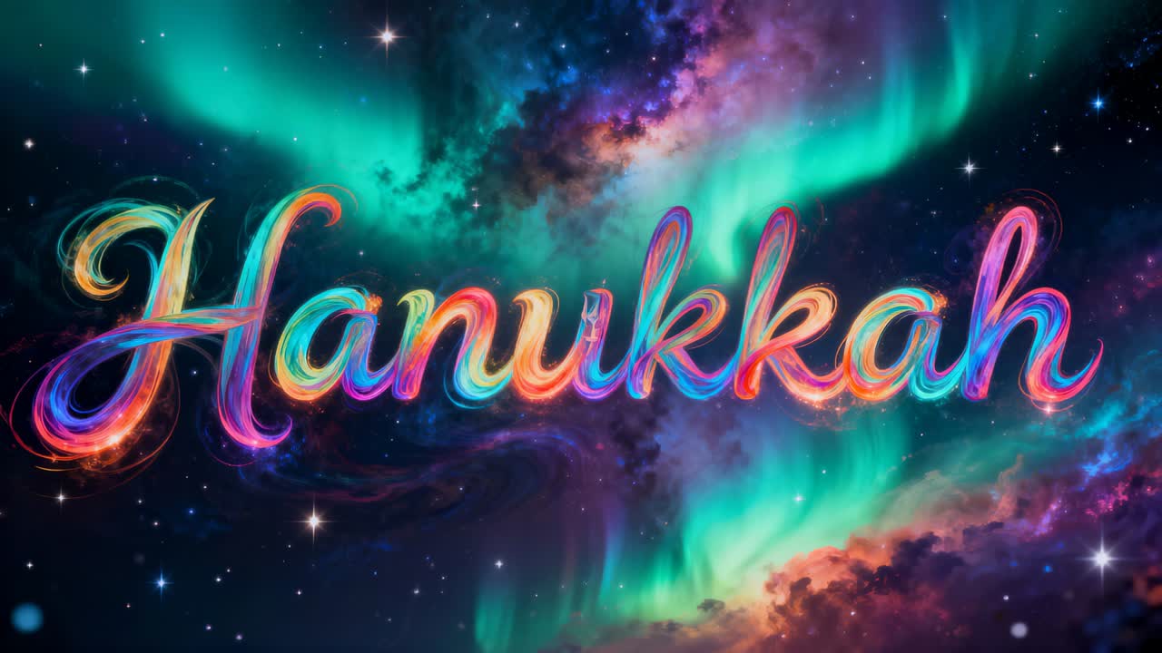 Starting cursive Hanukkah lettering pulsing over starry nebula aurora for greeting card
