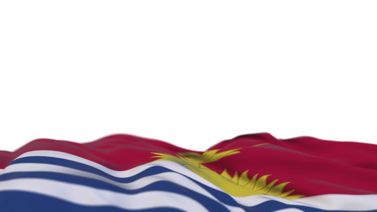 bandera de tela kiribati ondeando en el bucle del viento. bordado kiribat estandarte de tela cosida balanceándose en la brisa. fondo blanco medio lleno. lugar para el texto. bucle de 20 segundos.