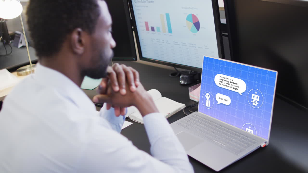 Composition of african american businessman using laptop with ai chat on screen