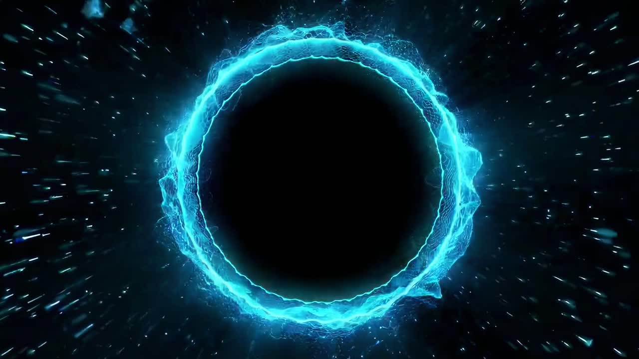Film z lotu ptaka przedstawiający świecący, niebieski pierścień energii, emitujący dynamiczne fale cyfrowe