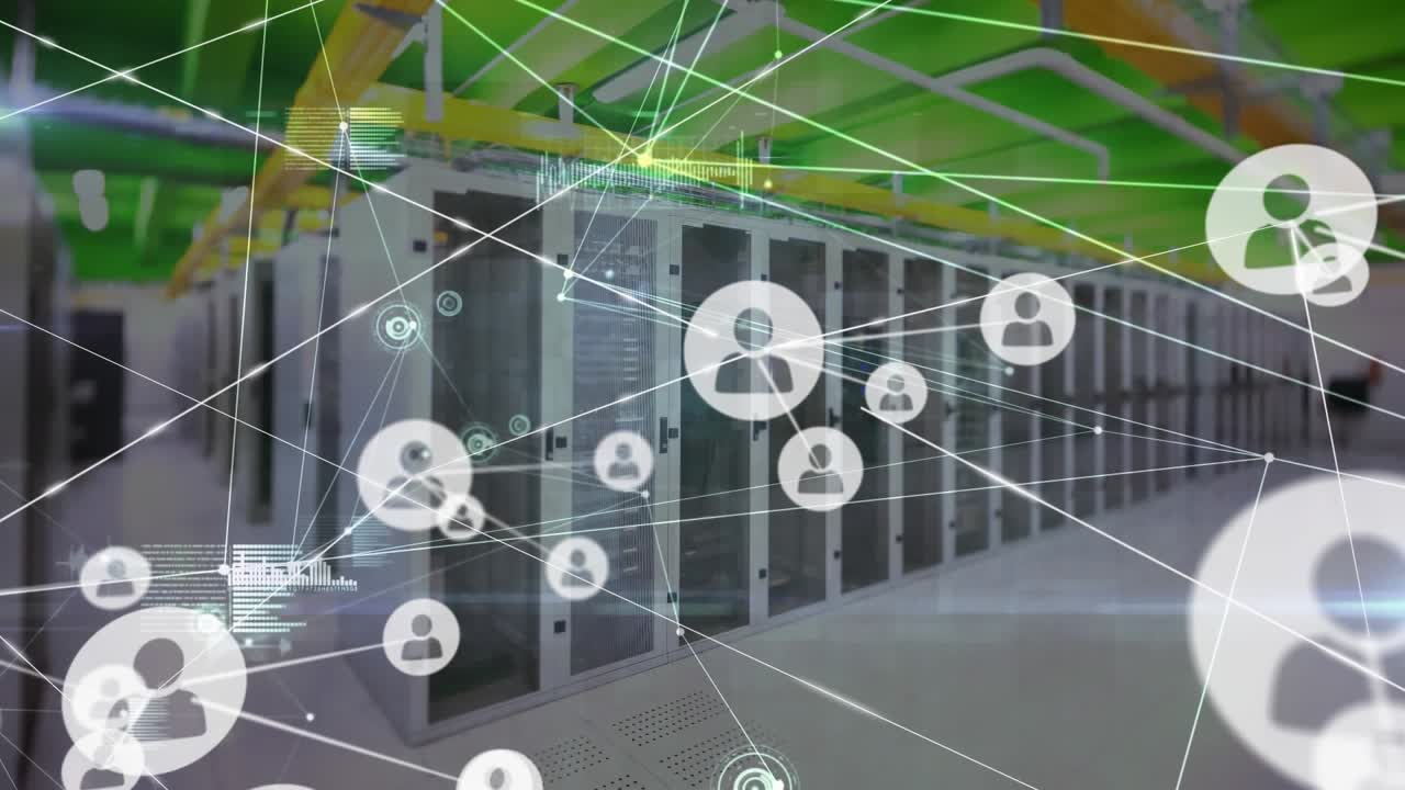Animation of network of connections and data processing over server room