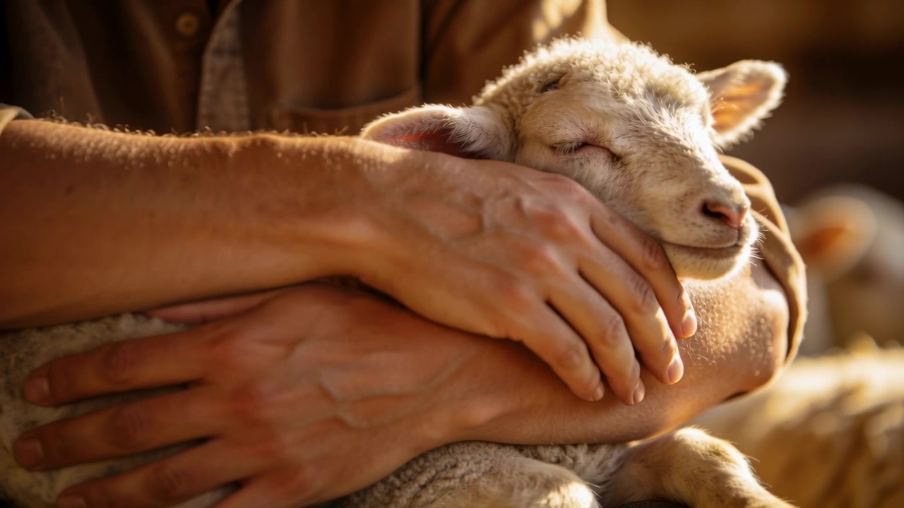 Contadino con camicia marrone che culla un agnello che si rannicchia, accarezzandolo e confortandolo con le mani, con il sole che entra nel fienile.