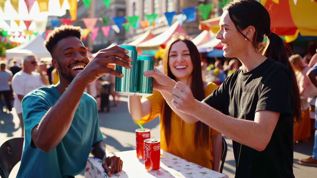 Friends Celebrating at a Street Festival