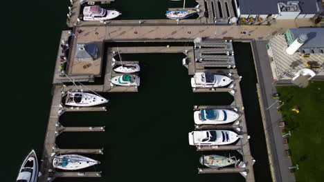 Costa-De-Oakland-Ca-Usa,-Revelando-Una-Toma-De-Puerto-Deportivo,-Barcos,-Edificios-Y-Estuario-Con-Un-Dron