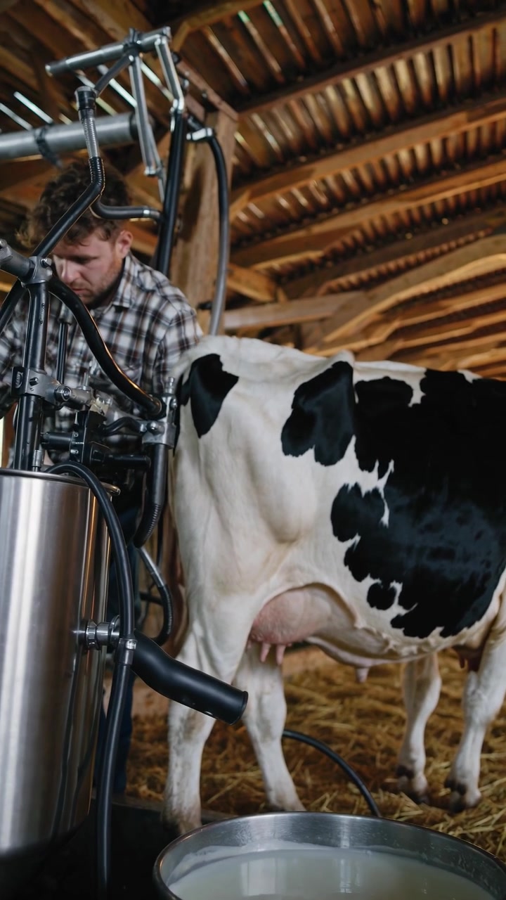 Farmer Operates Milking Machine on Cow in a Wooden Barn