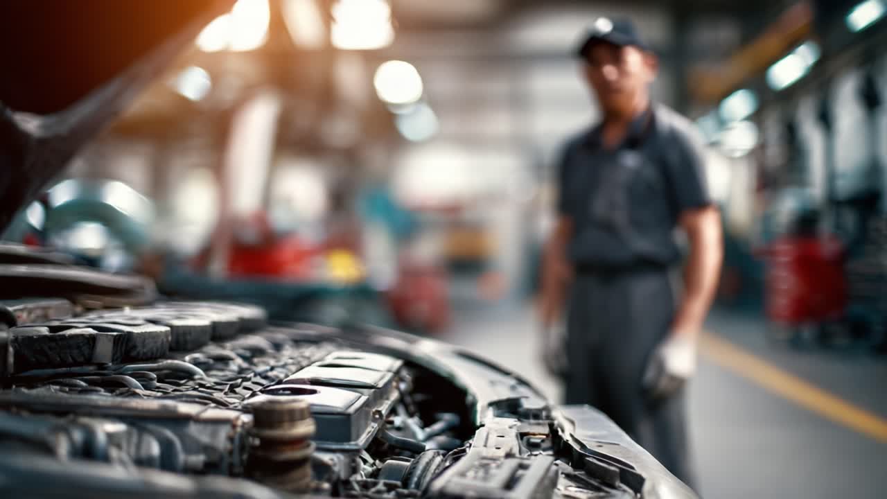 A Skilled Mechanic Working on a Car Engine in a Bright and Busy Automotive Workshop Focusing on Precision and Technical Expertise in Vehicle Maintenance