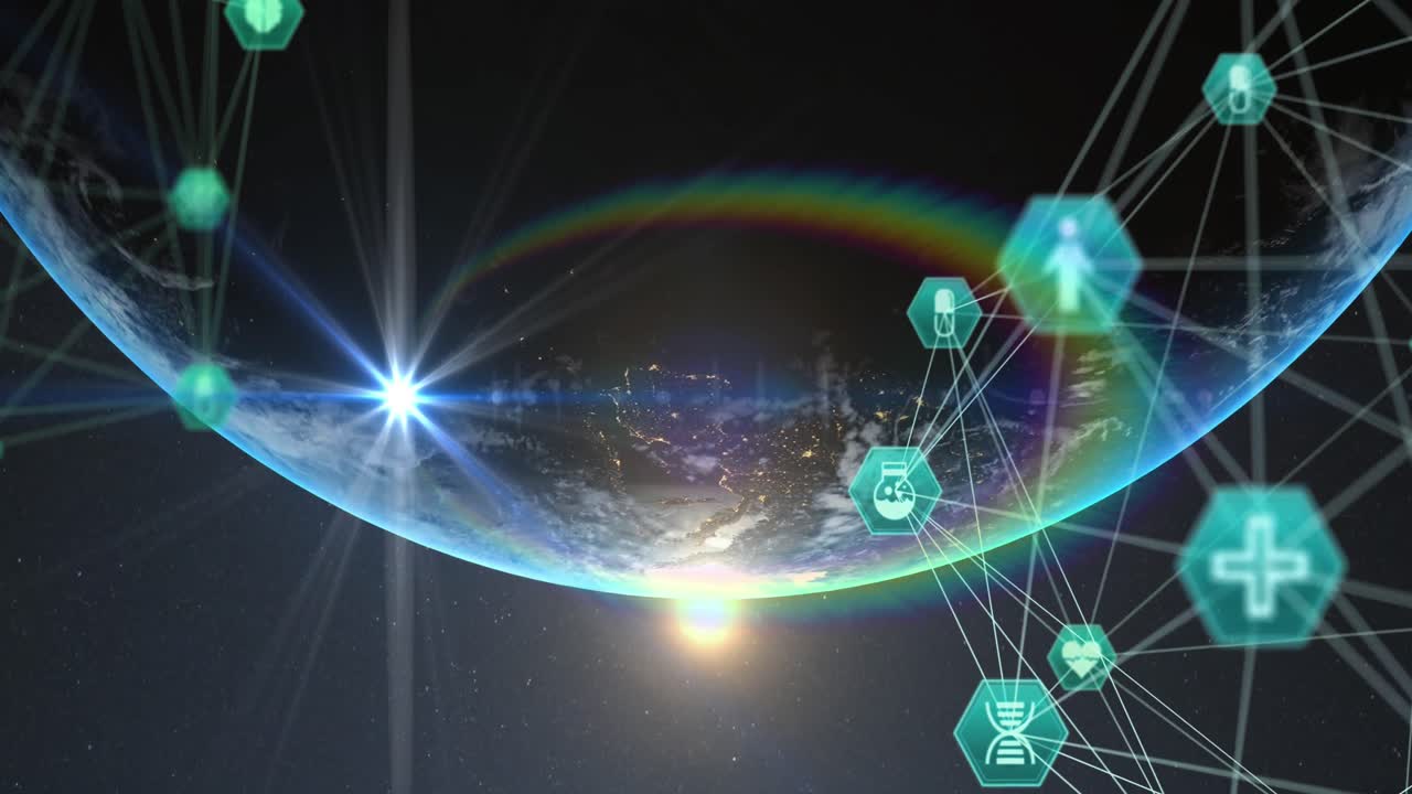 검은 바탕에 있는 지구를 배경으로 한 의료 아이콘의 네트워크