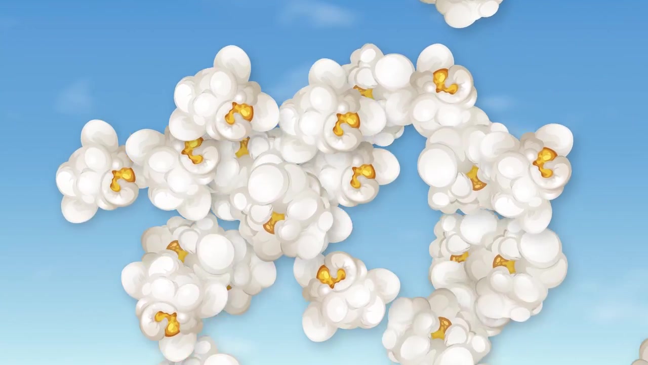 Soffici pezzi di popcorn bianchi cadono e fluttuano attraverso un cielo azzurro brillante con nuvole soffici.