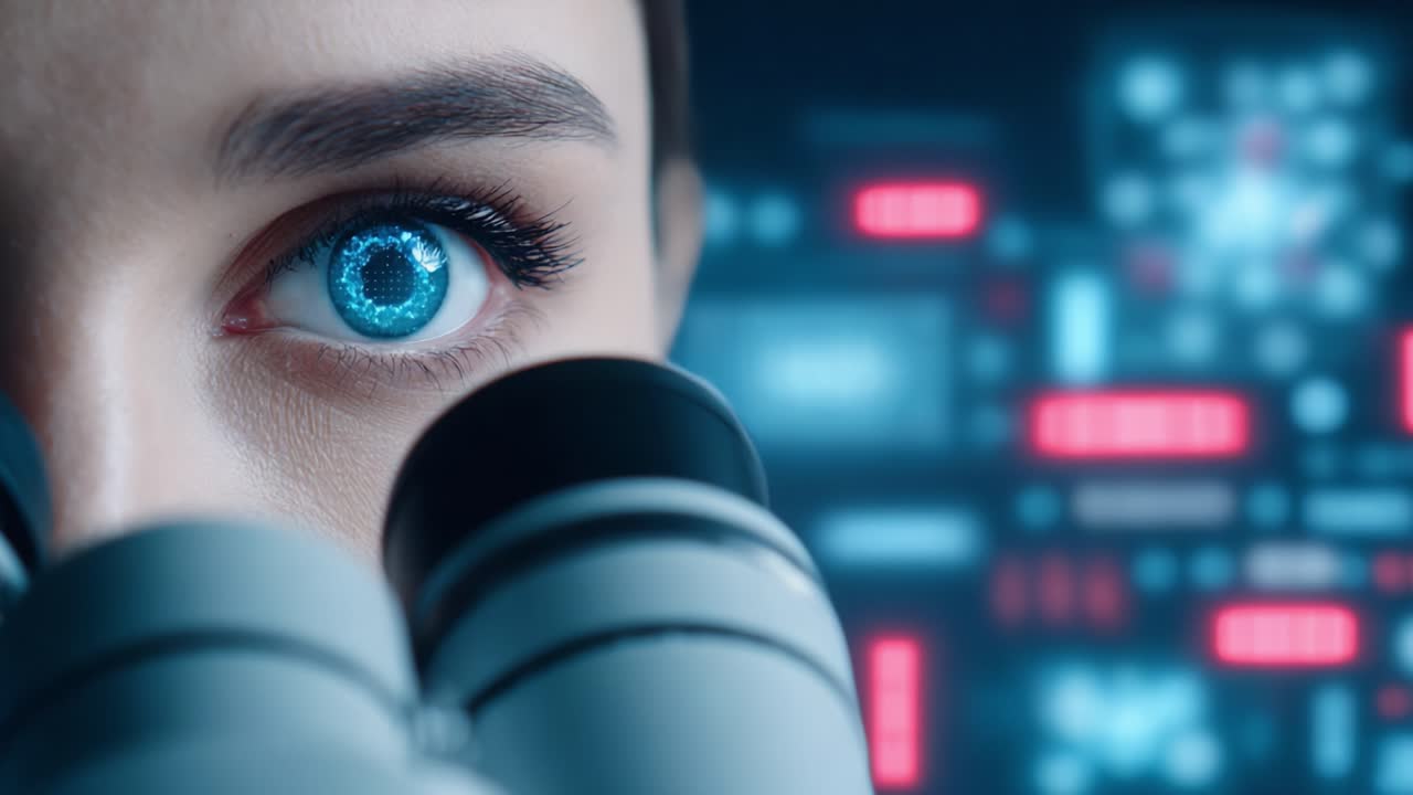 A Close-Up Capture of an Individual Gazing Through Binoculars, Showcasing an Intriguing Eye with a Glowing Iris Against a Futuristic Digital Background