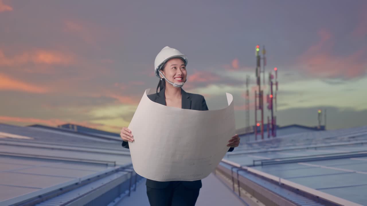 Vista frontal de empresaria asiática mirando un plano en sus manos mientras camina y mira a su alrededor en una azotea industrial con paneles solares.