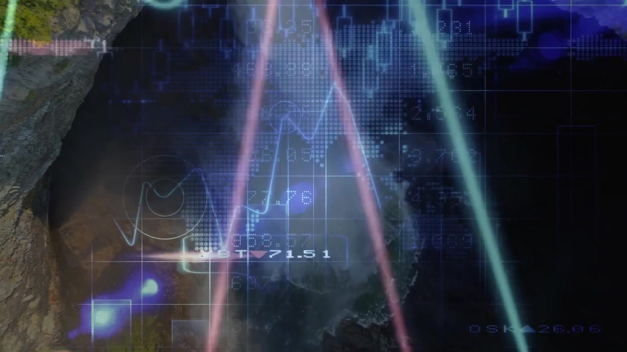 Animated finance lines sweeping from neon sweep, spiking and revealing waterfall to show trends
