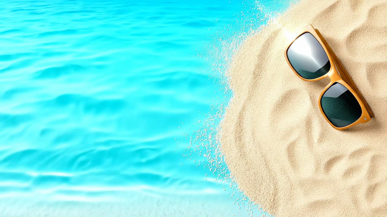 Sunny shades on sand. Sunglasses rest on yellow sand against a blue background showing a bright and sunny day on the beach