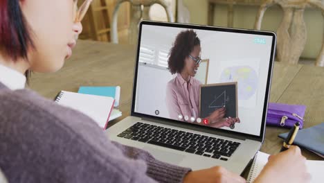 Asian-female-student-using-laptop-for-online-lesson-with-african-american-teacher-on-screen