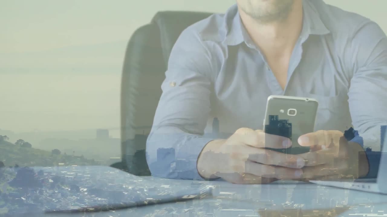 animación del paisaje urbano sobre un empresario caucásico que usa un teléfono inteligente