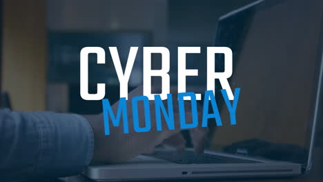 man using laptop against cyber monday text 4k