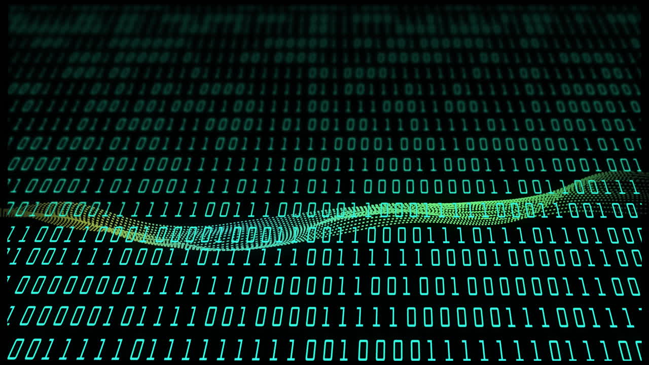 Animation of binary coding data processing over mesh of connections on black background
