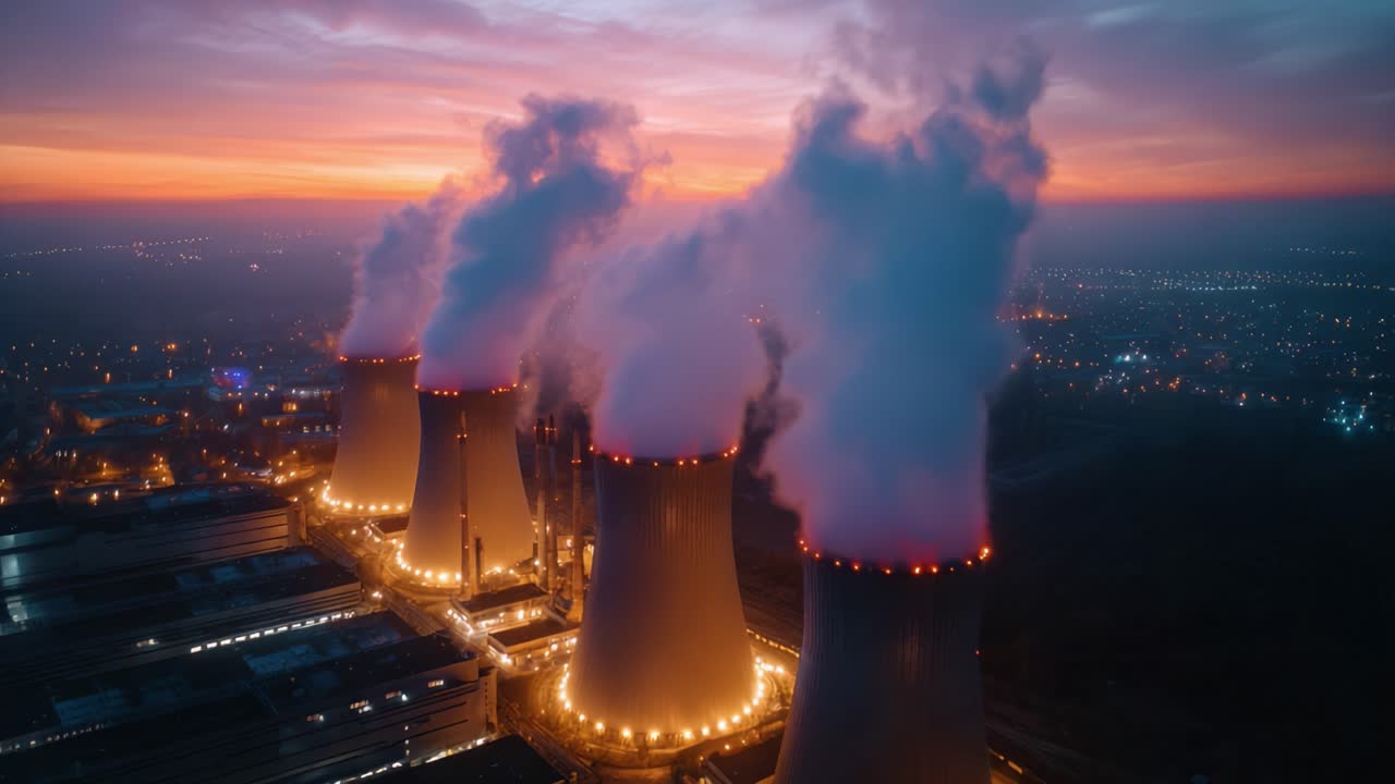 Vista aerea di torri di raffreddamento di una centrale elettrica che emettono vapore contro un bellissimo cielo al tramonto in uno scenario urbano suggestivo con le luci della città che brillano sotto.
