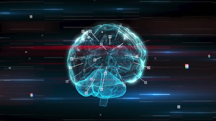 Spinning brain against light trails on black background