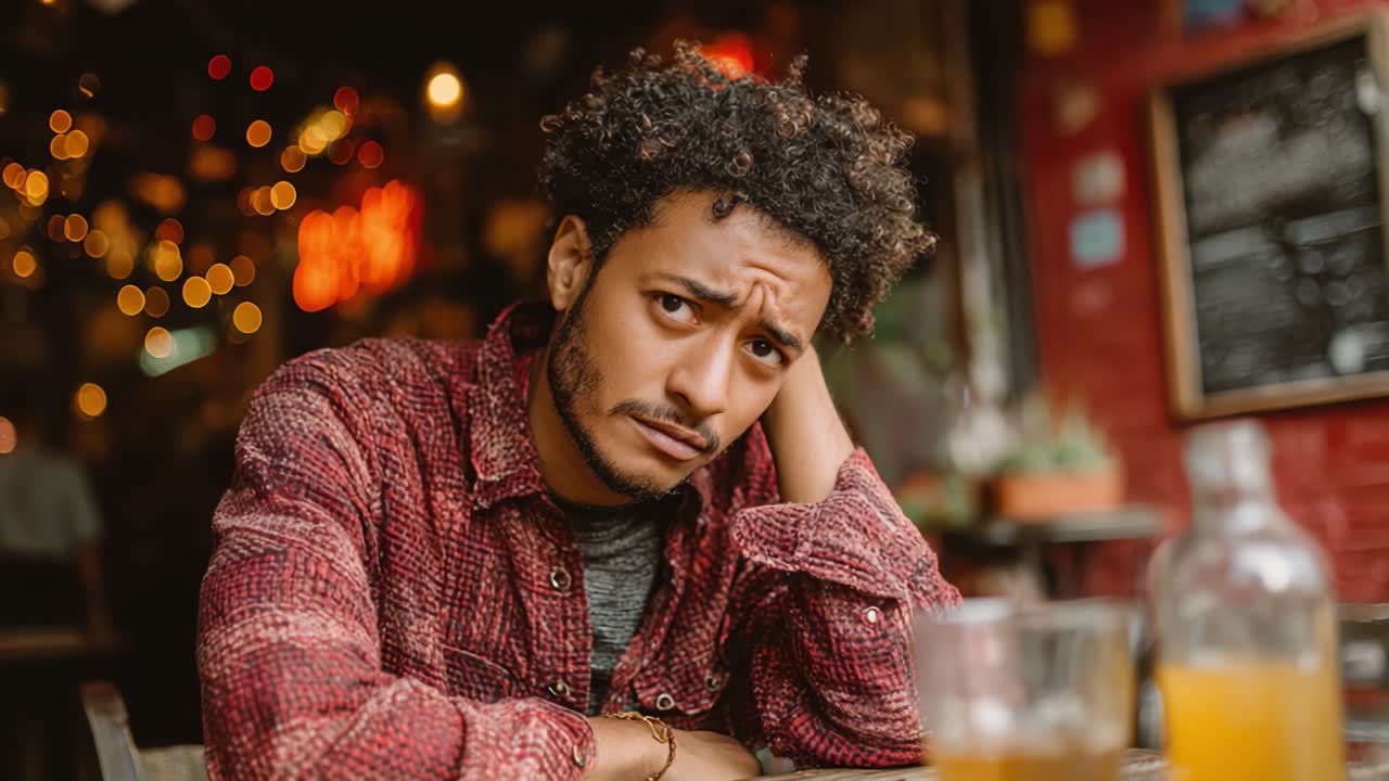 A deep emotional moment captured in a cozy setting, depicting a young man in contemplative thought, wrestling with emotions as he gazes at his drink amidst a vibrant backdrop