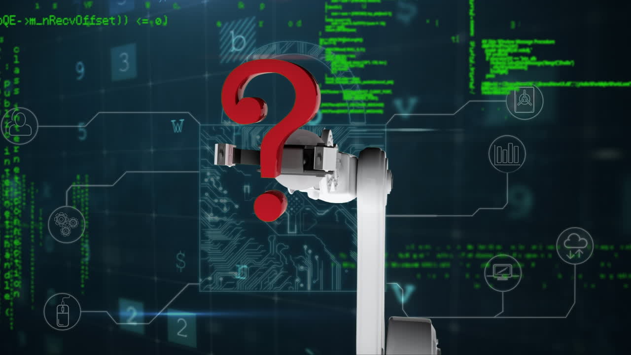 animación de una mano robótica con signo de interrogación sobre el procesamiento de datos en fondo negro