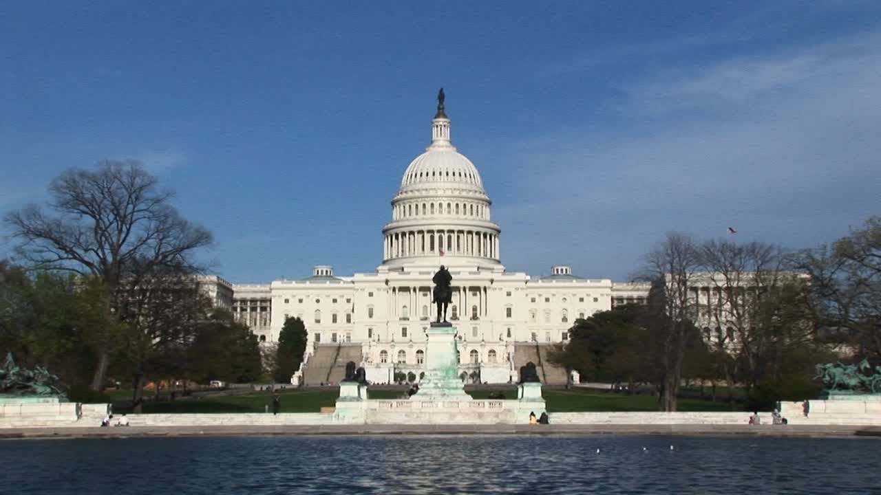 cámara haciendo zoom a través de la piscina reflectante y enfocándose en el exterior del edificio del capitolio de los estados unidos en washington dc