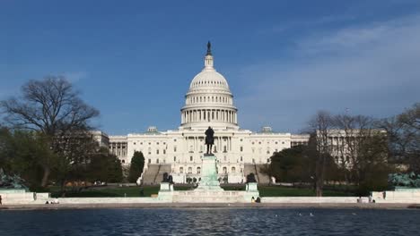 cámara haciendo zoom a través de la piscina reflectante y enfocándose en el exterior del edificio del capitolio de los estados unidos en washington dc