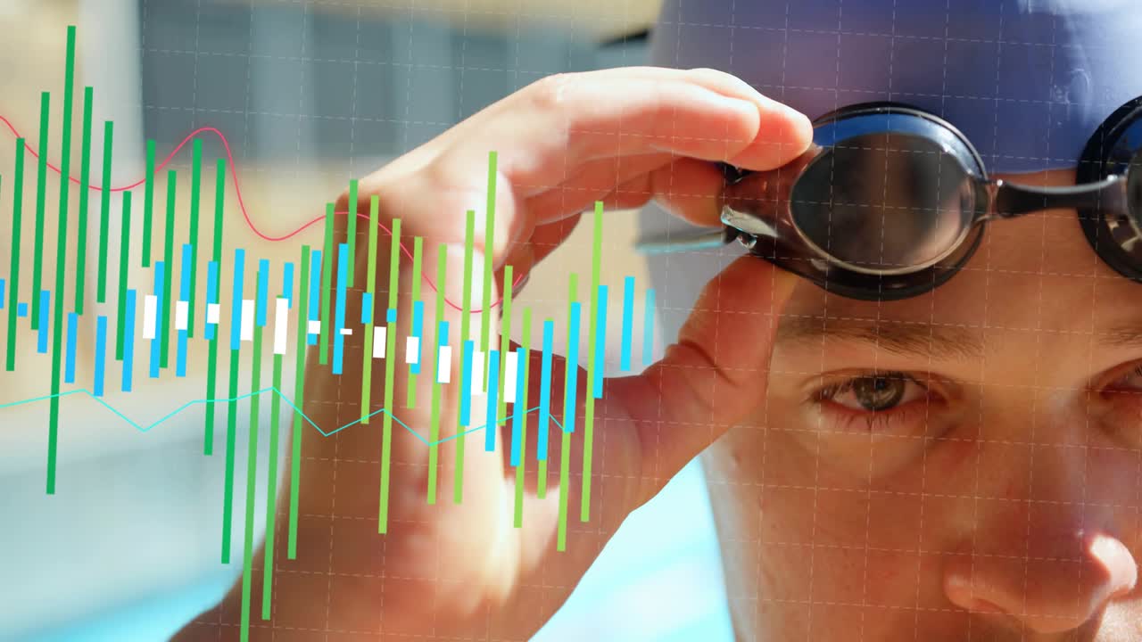 Swimmer syncing goggles with pulsing fitness data overlay and tightening strap before workout