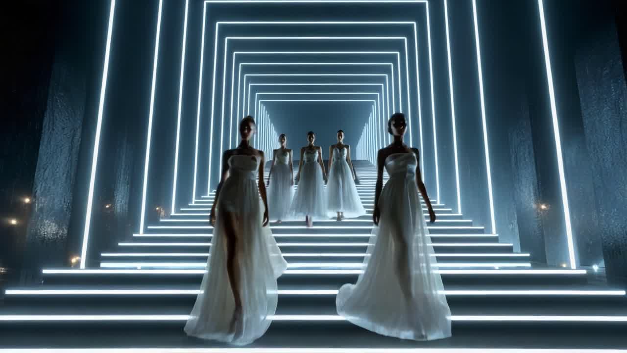 Ethereal Fashion Showcase: A Group of Models in Elegant White Dresses Striding Down a Mesmerizing Staircase Bathed in Soft Blue Lighting, Creating an Enchanting and Dreamlike Atmosphere