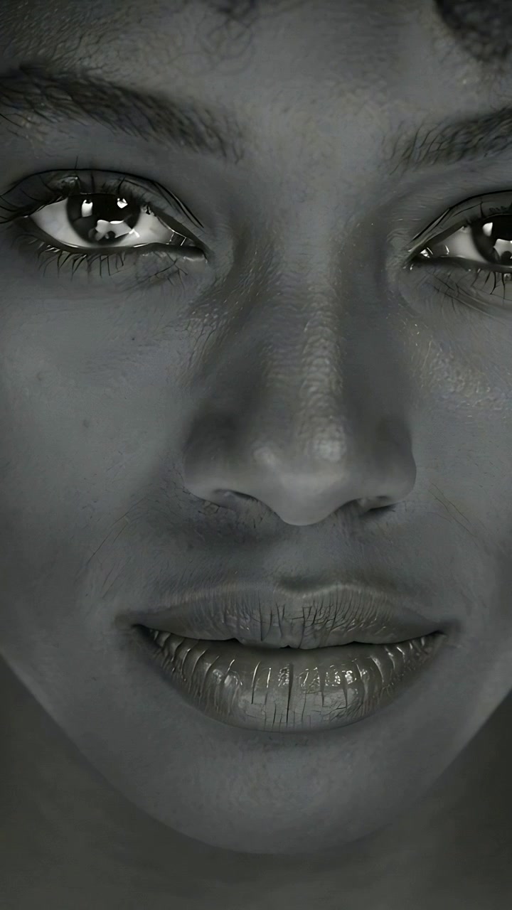 Video verticale: Inquadratura che si allarga, modella che mantiene lo sguardo, passando a un sorriso per un ritratto, bagliori di luce.