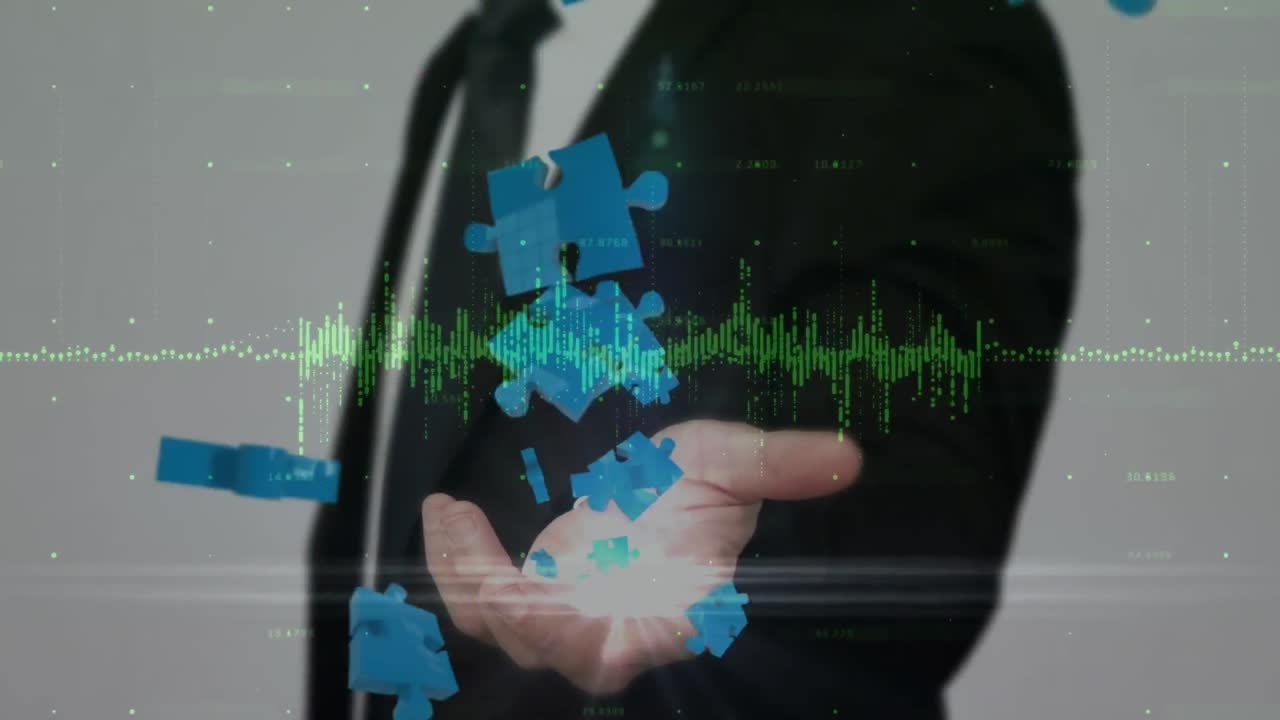 animación de un empresario caucásico sobre rompecabezas y procesamiento de datos